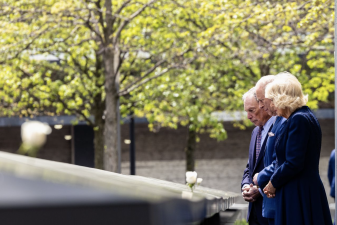 King Charles III (center) and Queen Camilla pay their respects at the reflecting pool at Ground Zero alongside former mayor Michael Bloomberg who is the chairman of the 9/11 Memorial and Museum.