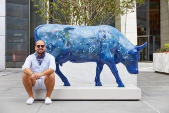 Chris Sainato with Cowstellations in Hudson Yards. Photo courtesy of Chris Sainato