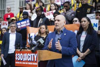 The NY City Council is considering a bill that would raise the city’s minimum wage to $30, up from $17, by 2030. A March 10 rally in support the bill was attended by City Council member Harvey Epstein (above).