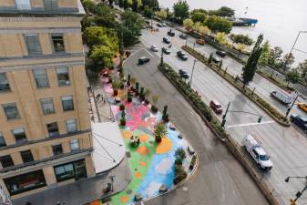 An aerial view of the street mural titled <i>Buggy Bear Goes on a Cool Cruise</i> by artist Alake Shilling. Photo: