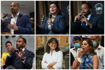 State lawmakers Jamaal Bailey, Jessica Ramos, Zellnor Myrie, Jessica Gonzalez Rojas, Claire Valdez and Jamaal Bailey, clockwise from left, are all in the Tier 6 pension plan.