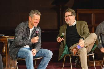 Matt Damon (left) and Kenneth Lonergan have a chuckle during a discussion about Lonergan’s play.