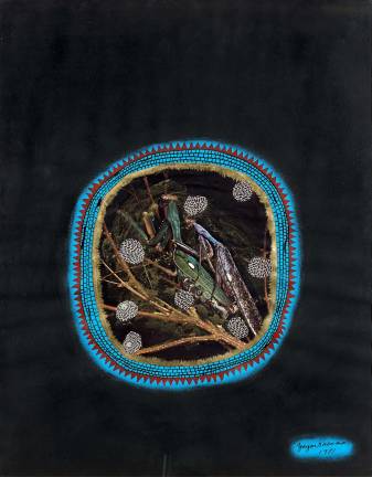 Yayoi Kusama, "Mantis," 1981, Collage, pastel and ink on paper. Courtesy of Omer Tiroche Gallery (London)