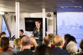 Classicist Emily Wilson, the first female translator of “The Odyssey,” read portions of Homer’s historic work aboard a NY Waterway ferry cruising the Hudson River in 2018. Photo: Aslan Chalom