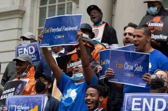 <b>Criminal justice reform advocates rally at City Hall in support of the Clean Slate Act to seal conviction records of formerly incarcerated people, May 19, 2022.</b> PHOTO: Ben Fractenberg/THE CITY