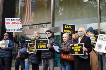 Dozens of protesters turned out at 250 Broadway, where City Council offices are located. Photo: Abigail Gruskin