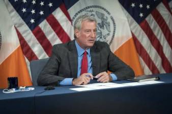 Former Mayor Bill de Blasio at a briefing at City Hall on Monday, August 2, 2021. Photo: Ed Reed/Mayoral Photography Office.