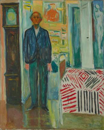 Edvard Munch, “Self Portrait between the Clock and the Bed,” 1940–1943, Oil on canvas, 58 7/8 × 47 7/16 in., Munch Museum, Oslo © 2017 Artists Rights Society (ARS), New York. Photo © Munch Museum.