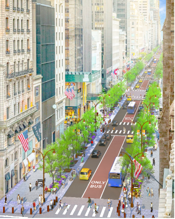 Rendering of the proposed pedestrian-friendly Fifth Avenue of the Future, which calls for 230 trees, doubling the size of sidewalks, and reducing traffic lanes from five to three.