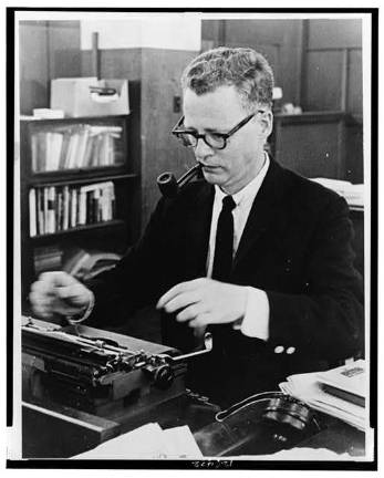 New York Post columnist Murray Kempton put down his bicycle and picked up his typewriter in this 1964 photo, which ran in the long-defunct New York World-Telegram &amp; Sun. Photo: Al Ravenna / World-Telegram &amp; Sun, via Library of Congress