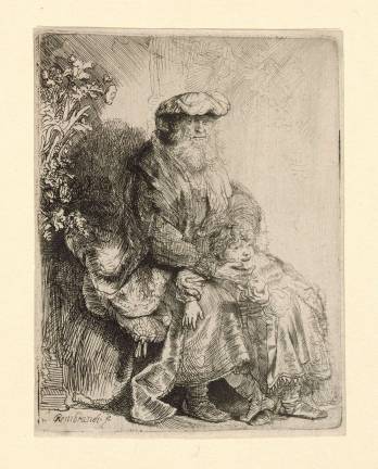 Rembrandt, “Abraham Caressing Isaac,” ca. 1637–45. Etching, 4 ½ x 3 ½ inches. Photo: The Morgan Library &amp; Museum, New York