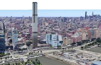 An approximate rendering of a private 600-ft. tower set to go up on a city-owned site, on W. 12th St., that used to house a meat market. Preservationists are irked.