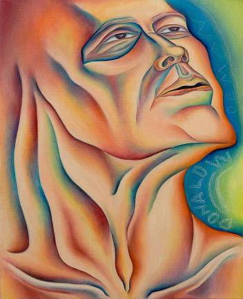 In “Donald (Woodman) as Woeman” 1986, Chicago responded to her husband’s call for art that questioned male gender constructs and stereotypes. Sprayed acrylic and oil on canvas, 20 x 16 x 1.5 inches. Photo: Adel Gorgy.