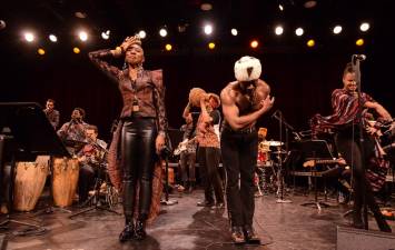 Arturo O’Farrill &amp; the Afro Latin Jazz Orchestra performs with special guests Sahr Ngaujah and Wunmi Olaiya (pictured) along with Tosin Aribisala and Bryan Vargas. Photo: David Garten, courtesy of the Afro Latin Jazz Alliance