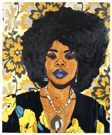 New York-based artist Mickalene Thomas is known for her rhinestone-studded portraits. Mickalene Thomas, Din, une très belle négresse #1 (Din, a very beautiful black woman #1), 2012. Rhinestones, acrylic, oil, and enamel on wood panel, 102 × 84 in. (259.1 × 213.4 cm). Jiménez-Colón Collection, Ponce, PR. © Mickalene Thomas / Artist Rights Society (ARS), New York