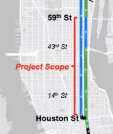 A map depicting 2nd Ave.’s bus and bike lanes between Houston St. &amp; 59th St, which will reportedly be overhauled by the DOT. They’ll be “offsetting” the route’s curbside bus lane, which will allow it function 24/7 without being blocked by traffic.