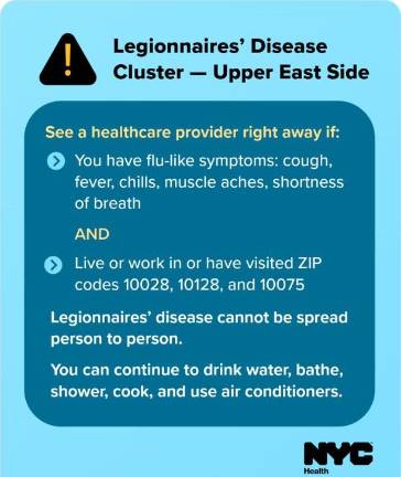 Warning on the NYC Health Dept. which instructs residents on the UES to take steps while the department investigations or origins of the latest outbreak of Lenionnaires’ Disease.