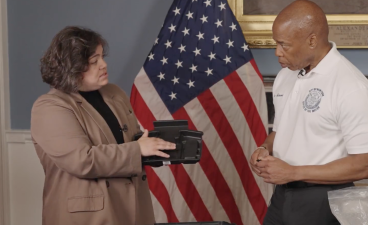 Mayor Adams and his departing “rat czar” Kathy Corradi, pictured discussing a “smart” trap in a social media video back in June 2023, shortly after her tenure began.