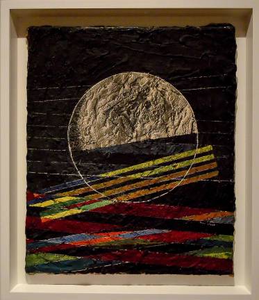 To create &quot;The Sea,&quot; Ernst plastered over burlap, painted with an atomizer, and then incised, scraped and painted a silvery moon rising above an abstract horizon. Photo: Adel Gorgy