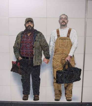 A life-size mosaic portrait of Thor Stockman, left, and his husband, Patrick Kellogg, form part of artist Vik Muniz&#x2019;s series &#x201c;Perfect Strangers&#x201d; at the new 72nd Street subway station. Photo: MTA