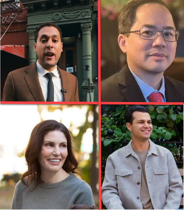 Clockwise from top left: Christopher Marte in a campaign video, Eric Yu, Jess Coleman, and Elizabeth Lewinsohn, all candidates for City Council District 1 in the Democratic primary on June 24.