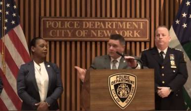 NYPD Chief of Detectives James Essig (at mic) with Commissioner Kechant Sewell (left) and chief of patrol John Chell at Monday press conference following arrest of Manhattan slasher. Photo via NYPD on Twitter