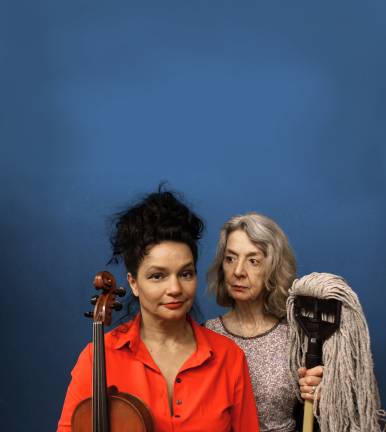Violist Esther Apituley (left) and actress Jenny Sterlin in “Bach &amp; Bleach.” Photo: Erwin Maas