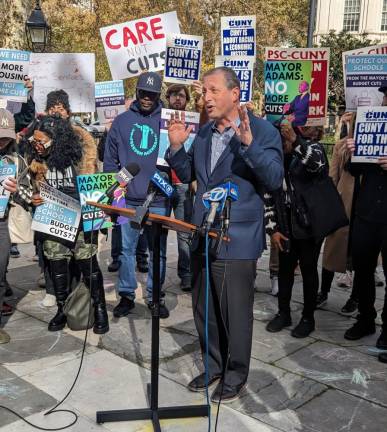 City comptroller Brad Lander was among the people who turned out at a rally outside City Hall on Nov. 17 to protest the Mayor Adams budget cuts. Photo: Brian Berger