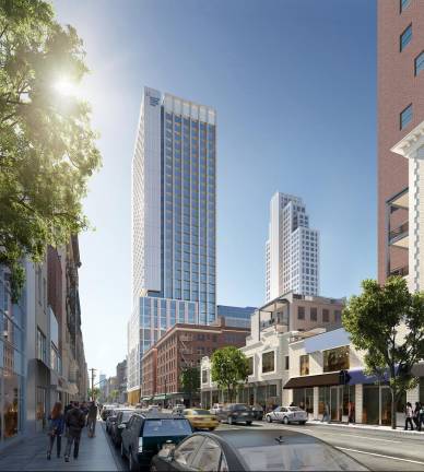 An architect's rendering shows the hospital tower, left, and the residential tower, right, that were part of the original proposal for the redevelopment of Lenox Hill Hospital. A new, alternative proposal does not include the residential tower.