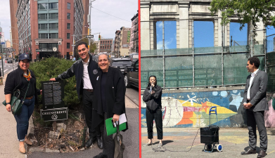 Left: CM Marte with Tricia Shimamura, Manhattan Borough Commissioner NYC Parks &amp; Alice Blank; Right: with PS 124 principal, Yi Law Chan.
