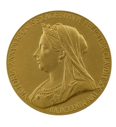George William de Saulles (1861–1903). "Victoria, Queen of the United Kingdom, (b. 1819; r. 1837– 1901)," dated 1897. Gold, struck; 55.6 mm. Stephen K. and Janie Woo Scher Collection. Photo: Michael Bodycomb