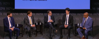 Four candidates in the NY-12 congressional race—(from left) State Assemblyman Alex Bores, George Conway, State Assemblyman Micah Lasher, and Jack Schlossberg—debated at an April 15 NY1 panel.