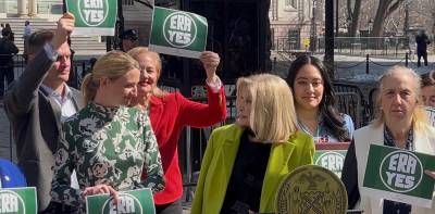 Council Member Virginia Maloney (left) was joined by her mother, former U.S. Congresswoman Carolyn Maloney (center), and UWS council member Gale Brewer (right) at a March 10 rally calling for the federal enshrinement of the Equal Rights Amendment.