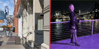 Left: Broome Street at Wooster, where Mae Berg was attacked; Right: Berg, a costume designer, models a coat she altered, Brooklyn Bridge in background.