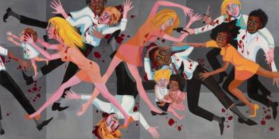 Faith Ringgold. American People Series #20: Die. 1967. Oil on canvas, two panels, 72 × 144″ (182.9 × 365.8 cm). The Museum of Modern Art, New York. Acquired through the generosity of The Modern Women’s Fund, Ronnie F. Heyman, Eva and Glenn Dubin, Lonti Ebers, Michael S. Ovitz, Daniel and Brett Sundheim, and Gary and Karen Winnick