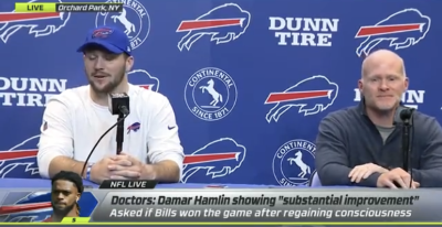 Buffalo Bills QB Josh Allen delivers some good news on teammate Damar Hamlin whose heart stopped in first quarter of now cancelled game vs Bengals. Photo: ESPN Twitter feed