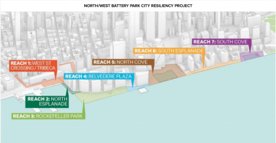 The North/West Battery Park City Resiliency Project is broken down into smaller “reaches.” Photo via the Battery Park City Authority