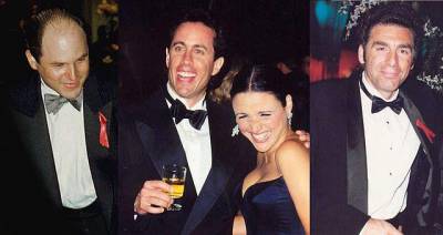 The cast of Seinfeld (from left): Jason Alexander (George),Jerry Seinfeld (Jerry), Julia Louis-Dreyfuss (Elaine) and Michael Richards (Kramer) at the 1997 Emmy Awards. Photo: Alan Light, Wikimedia Commons
