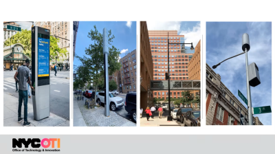The new LinkNYC 5G towers, shown without an advertising screen in the second image from the left, stand 32 feet tall. Photo via the New York City Office of Technology and Innovation