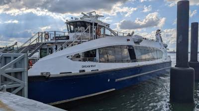 The NYC Ferry Dream Boat at rest in Brooklyn, ready to make another run to Manhattan.