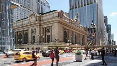 A rendering of Grand Central Station with the lower levels of Project Commodore in the background. Image courtesy of SOM