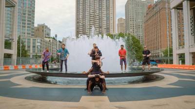 The entire cast from “The Missing Element” performance at the Lincoln Center fountain. Photo: Dancing Camera