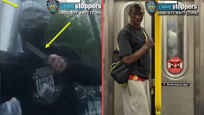 Left: wanted for assault; arrows point to suspected keffiyeh and possible weapon. Right: wanted for forcible touching.