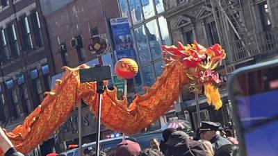 A dragon flies along Mott Street.