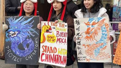 Protesters form a picket line outside of the museum entrance.