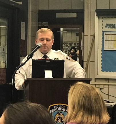 20th Precinct Commander Timothy Malin addresses community residents at the Oct. 28th meeting.