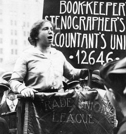 Rose Schneiderman, a legendary and fiery orator on behalf of women's rights, takes the suffrage cause to a union rally in the Garment District in the 1910s. Photo: Jewish Women’s Archive, via NYC Landmarks Preservation Commission