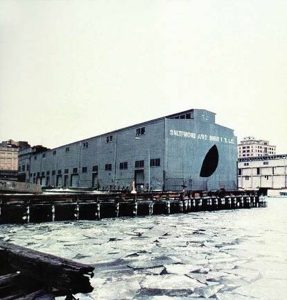 David Hammons borrows the title of “Day’s End” from a 1975 piece by the same name by the artist Gordon Matta-Clark, who famously cut holes in the pier shed that formerly stood on the site. Photo: Estate of Gordon Matta-Clark, Artists Rights Society (ARS), N.Y.