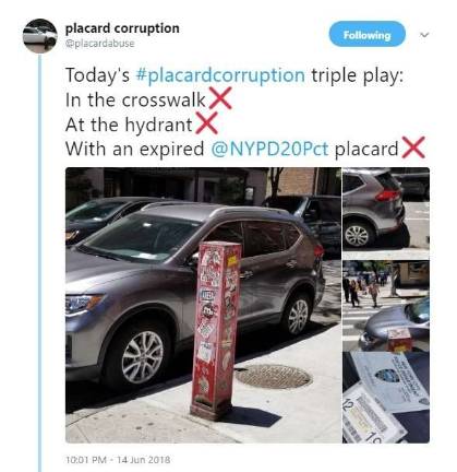 The Twitter account @placardabuse posts photos of illegally-parked vehicles displaying city-issued parking permits. Image: @placardabuse, via Twitter.