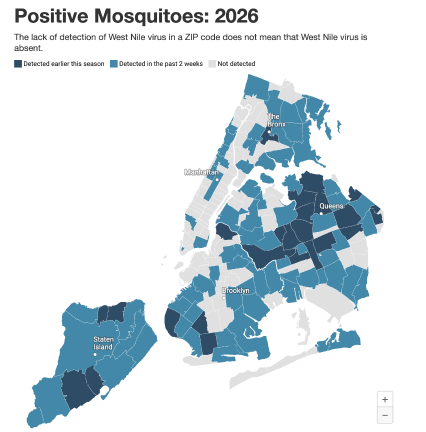 An Aug. 21 map displaying positive detections of West Nile virus in mosquitoes across the five boroughs. The first positive case of the virus in a human this year was detected in Manhattan.